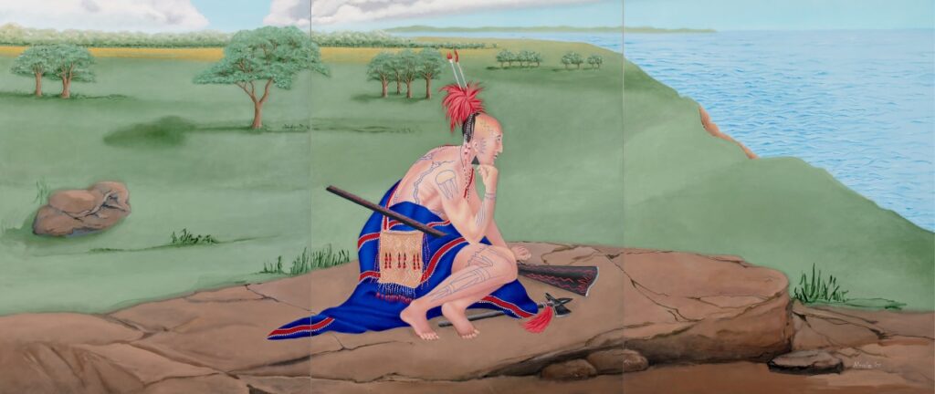 A painting featuring a figure looking out onto a river
