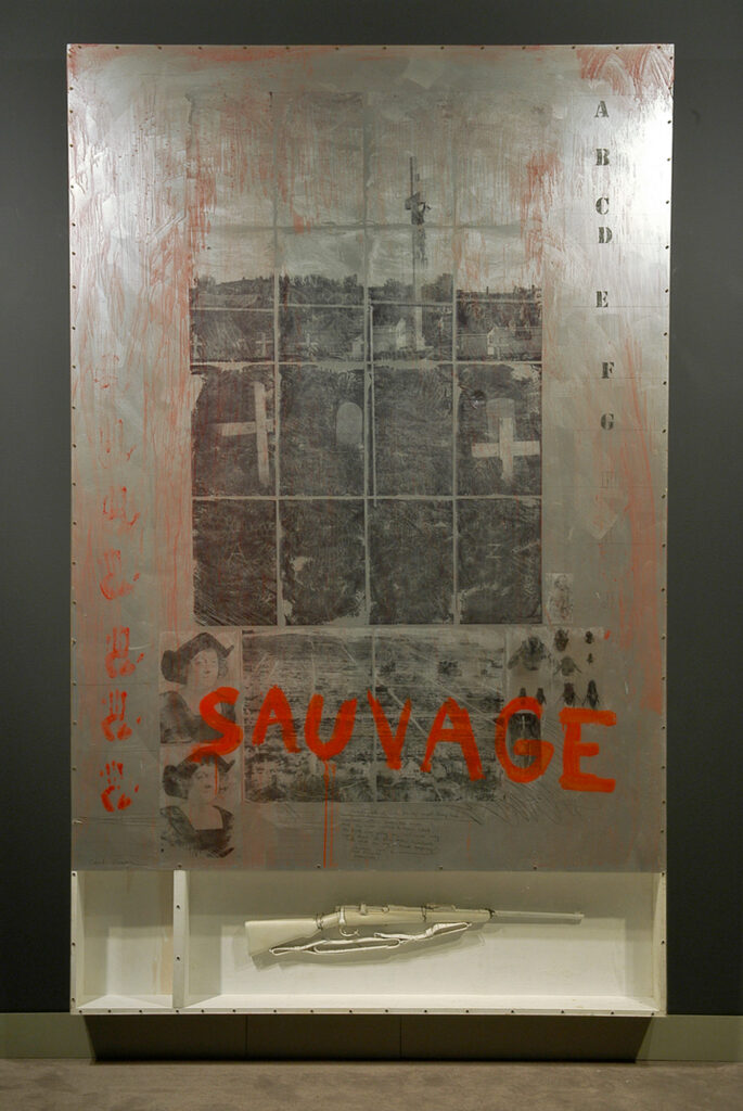 painting of a schoolhouse window with 'sauvage' painted in red with a white gun in a display case below