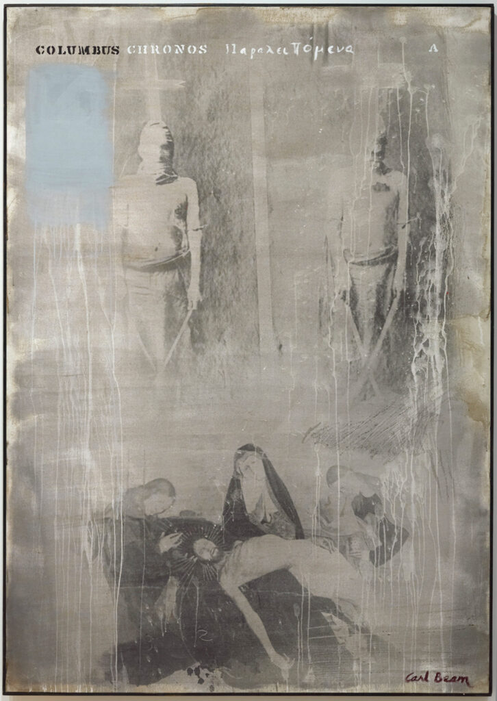 Washed out painting of people at residential school