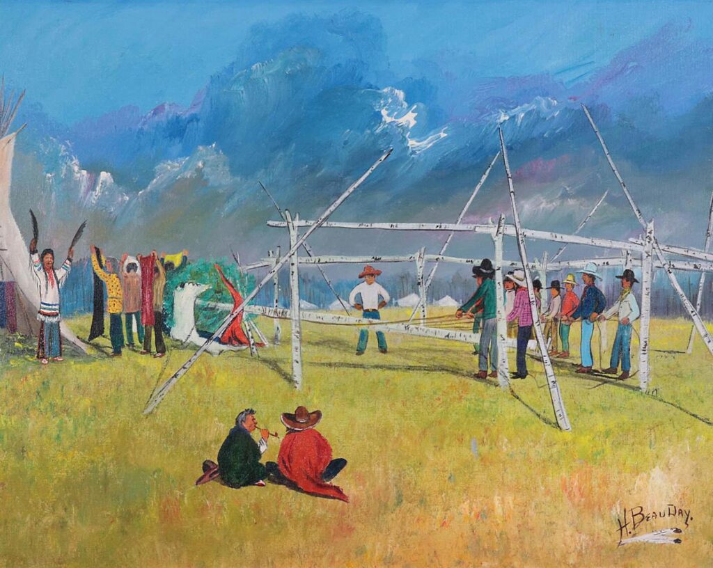 people gathered in a field putting up the polls for a sundance