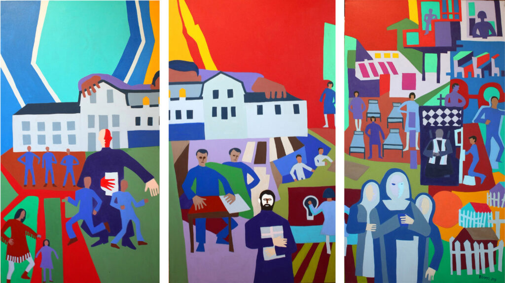 three panel colourful abstract painting of an institution and children