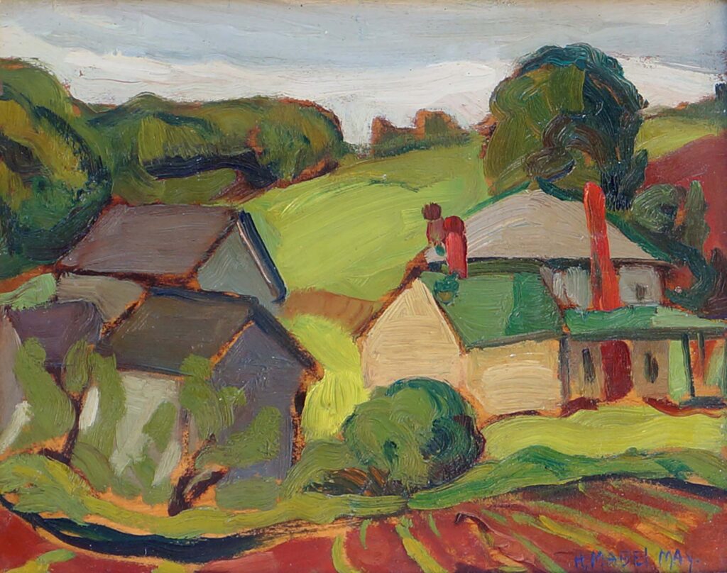 Peinture impressionniste d'Henrietta Mabel May représentant des maisons et des hangars dans un paysage agricole vallonné.