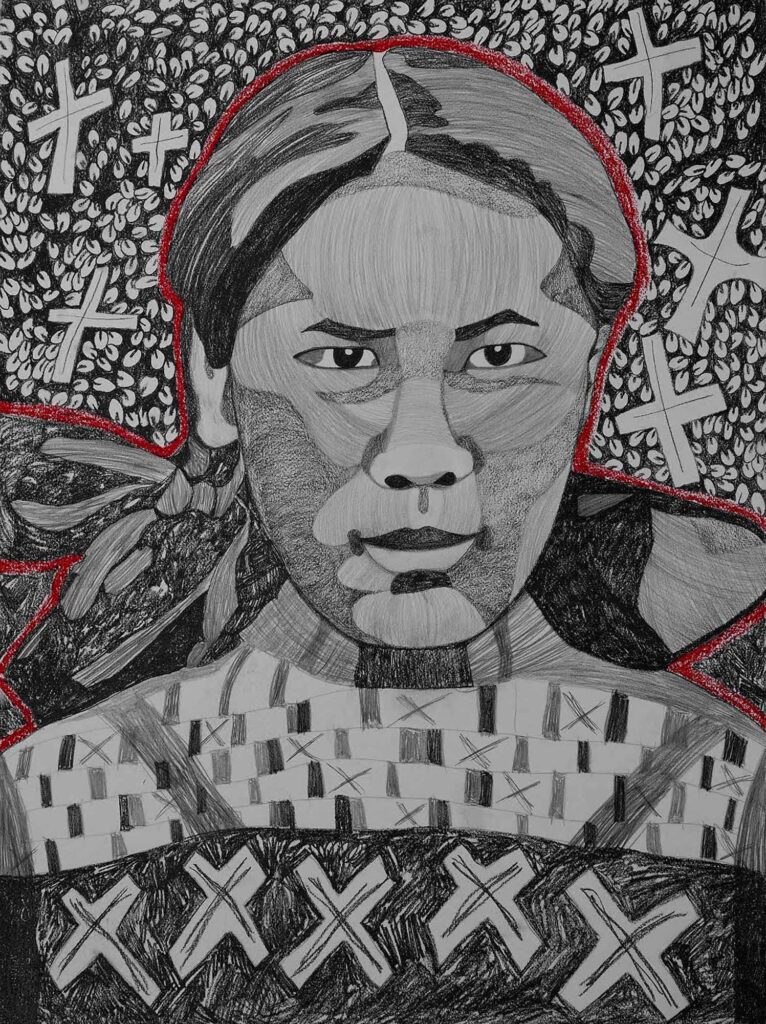 Graphite sketch of portrait with crosses in the background