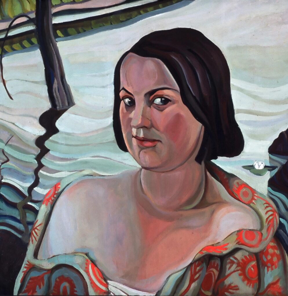 Tableau représentant une femme dans un paysage abstrait sur fond aquatique