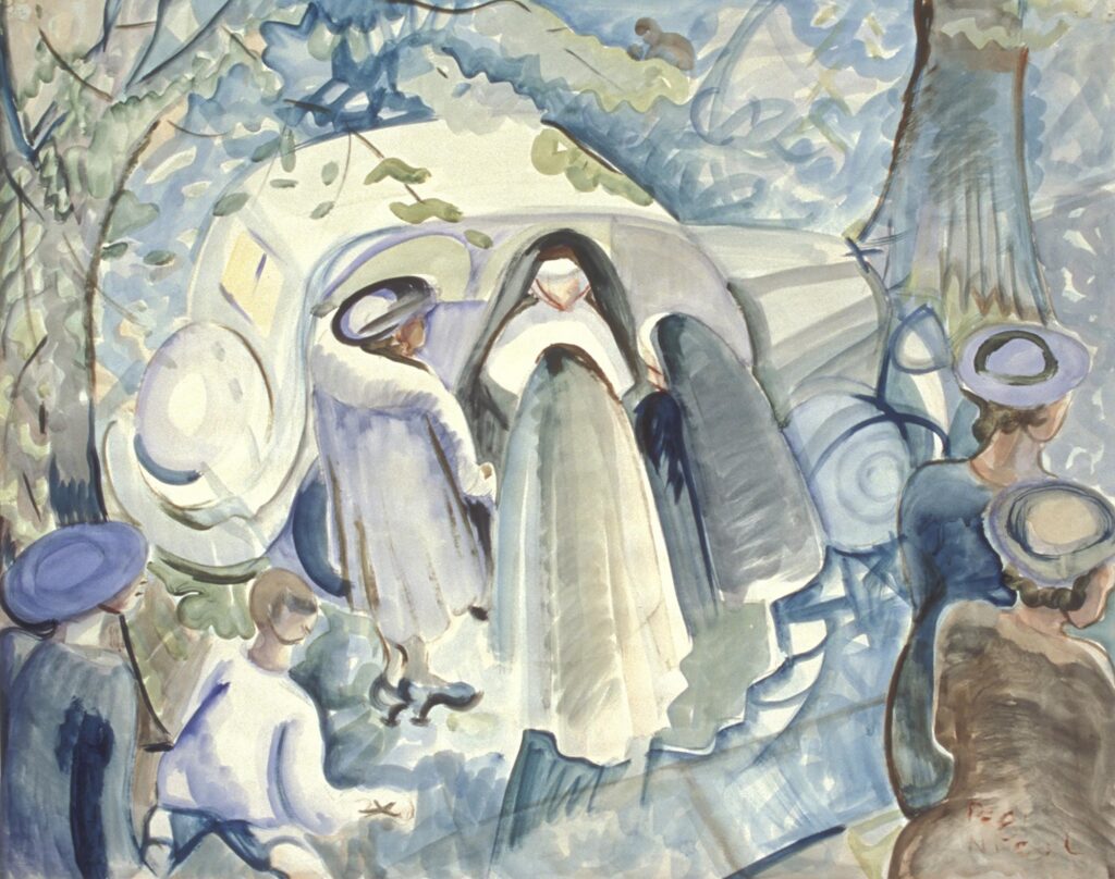 Painting in light blue hues of nuns standing on the street beside a car, as people in hats watch
