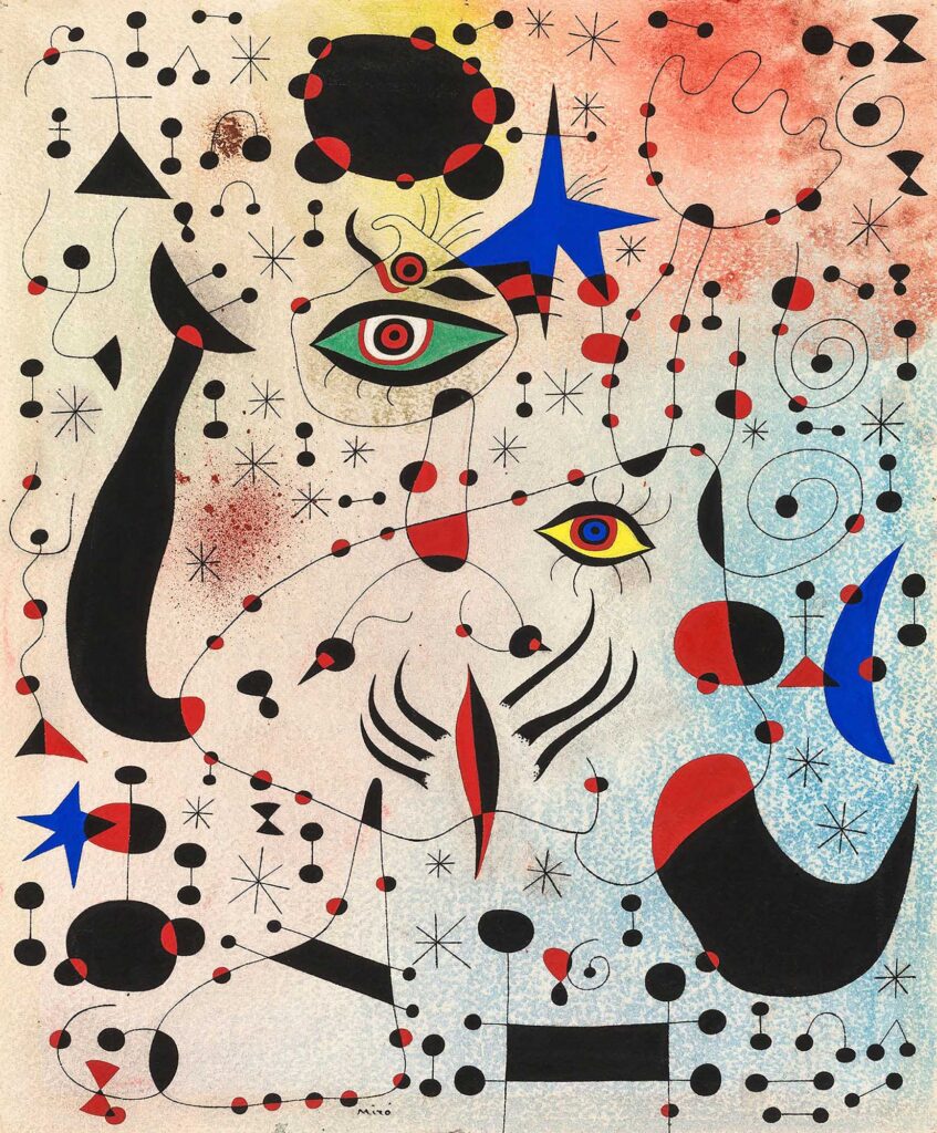 Peinture abstraite représentant des yeux, des étoiles, des animaux et des formes, dans des nuances de noir, de rouge et de bleu