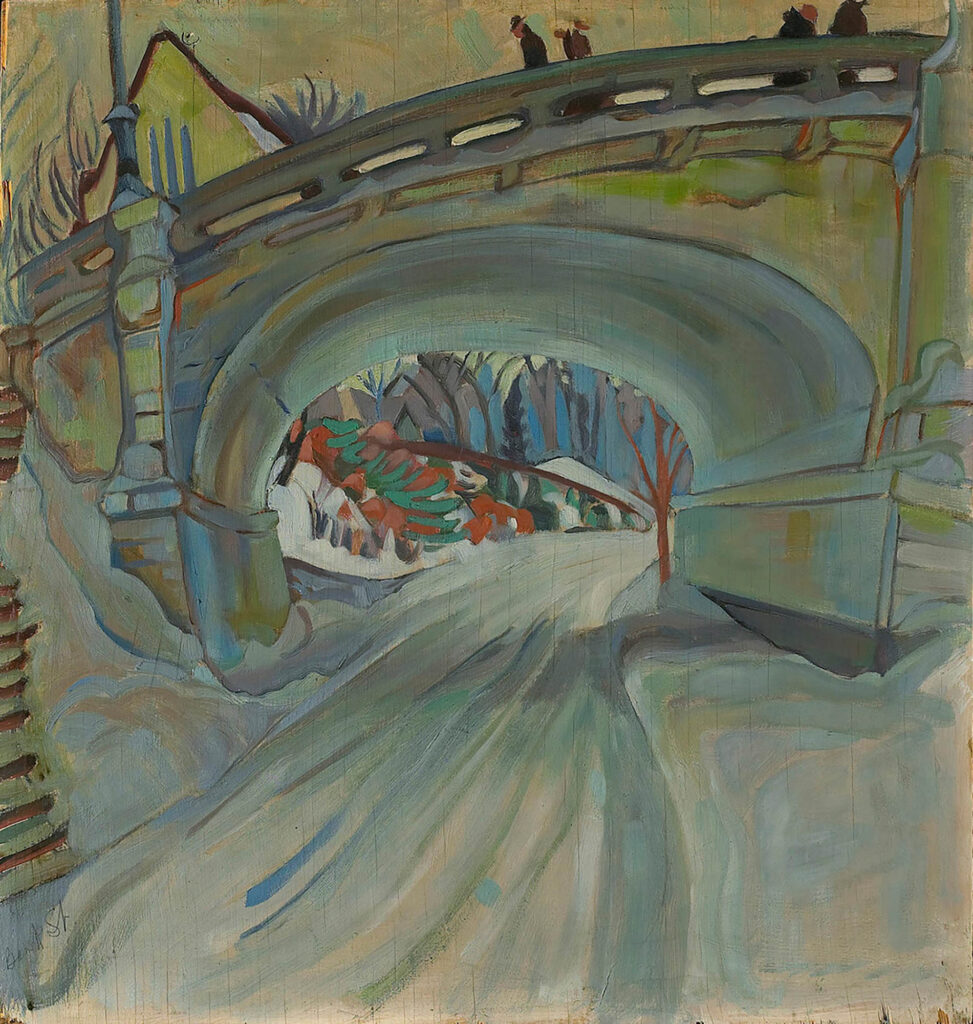 Painting of a bridge with a snowy road running underneath in muted blue and green tones
