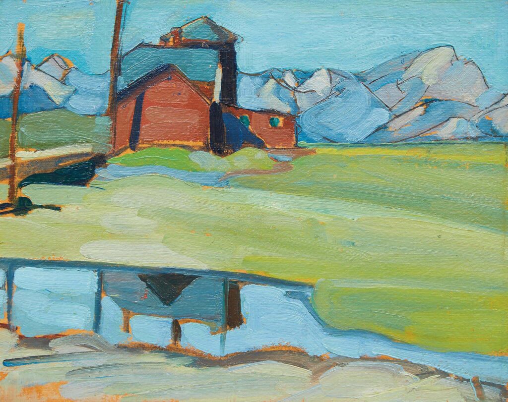 Peinture abstraite représentant une maison rouge dans un champ verdoyant, avec des silhouettes montagneuses en arrière-plan. Elle fait appel à des tons vifs de vert clair, de bleu, de rouge et de jaune.