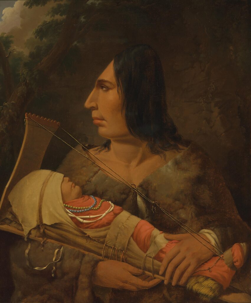 Tableau représentant le profil d'une femme tenant dans ses bras un enfant enveloppé dans un linge.