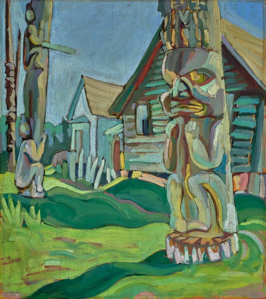 Peinture représentant des totems avec des maisons en arrière-plan