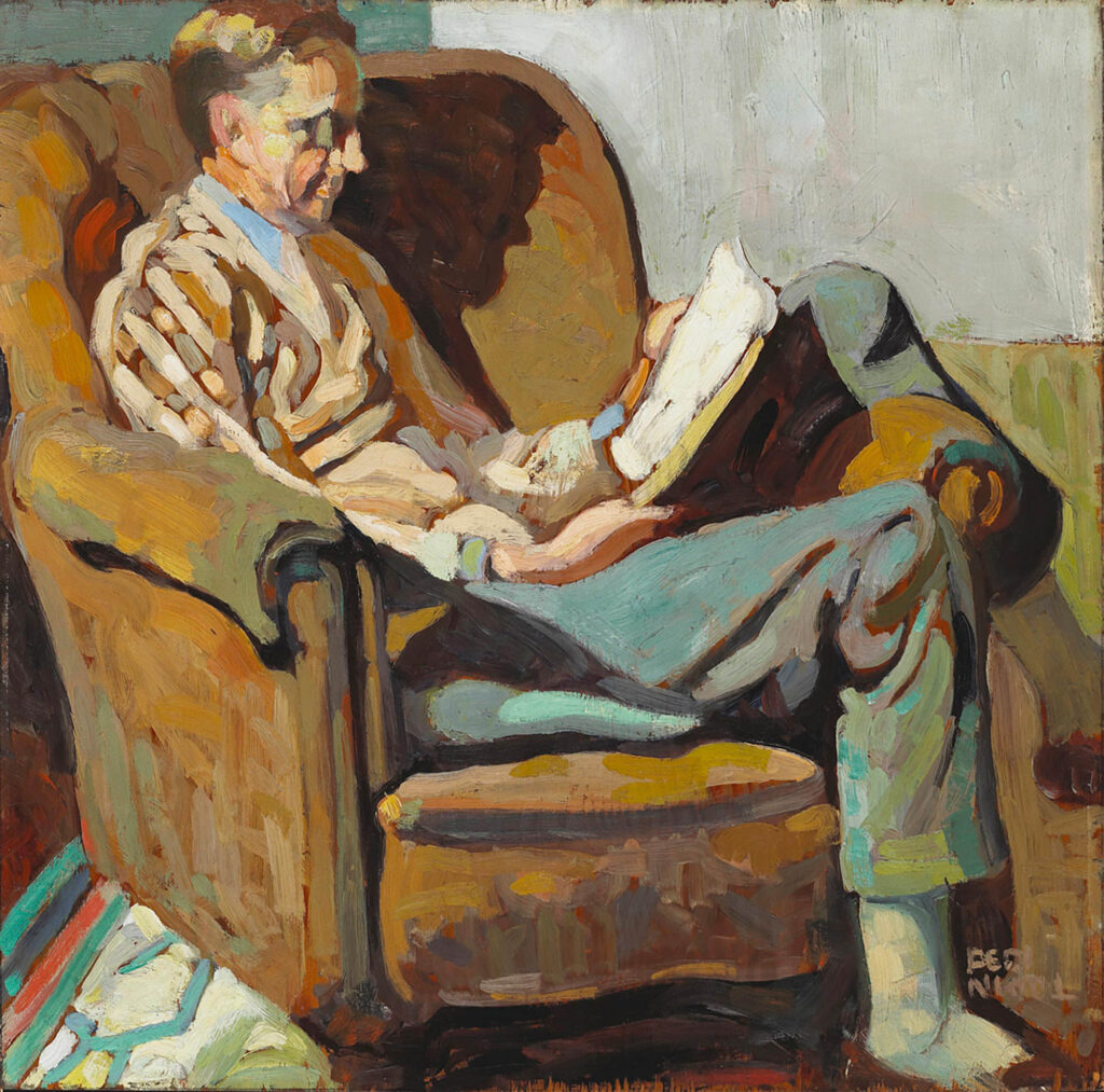 Painting of a man sitting in an armchair as he reads from a book