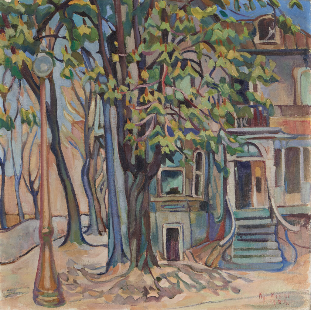Peinture représentant un coin de rue avec une maison, un arbre et un lampadaire.