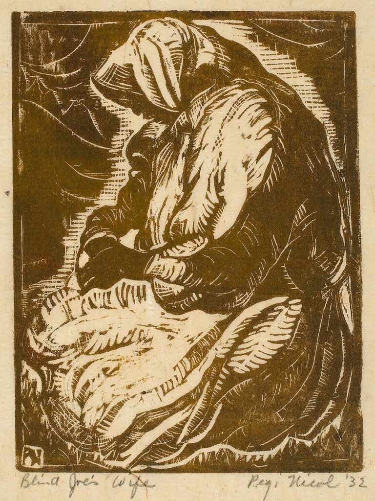 Illustration of the profile of a kneeling woman with her hands in her lap and a hood covering her head