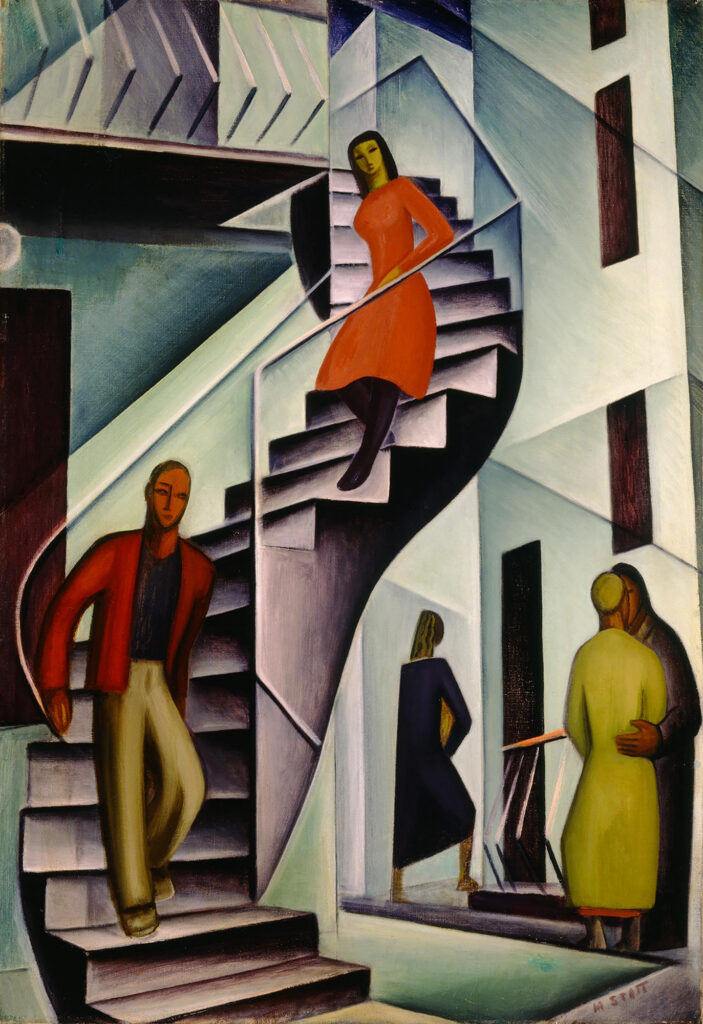Painting of a curved staircase with a women and man walking down it and a building in the background.