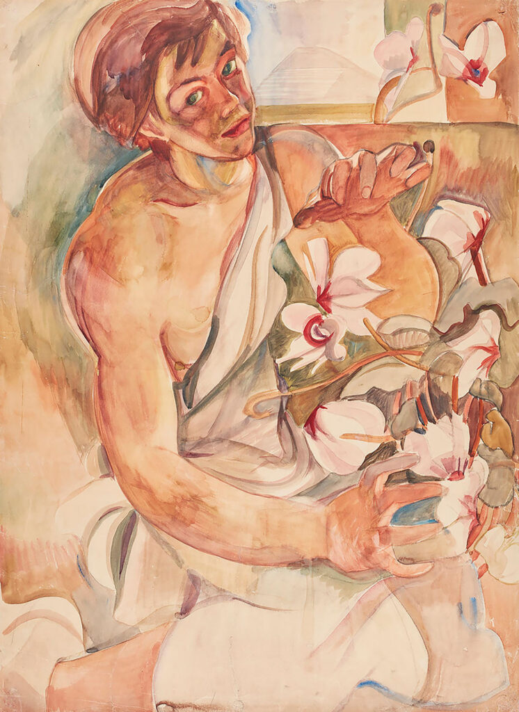 Tableau représentant une femme vêtue d'une robe blanche à épaules dénudées, tenant un bouquet de fleurs blanches