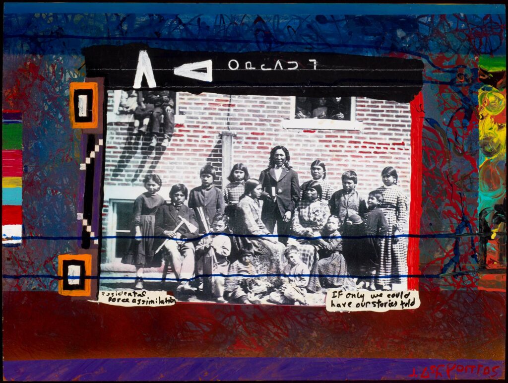 Collage featuring a black and white photograph of a group of Indigenous people.