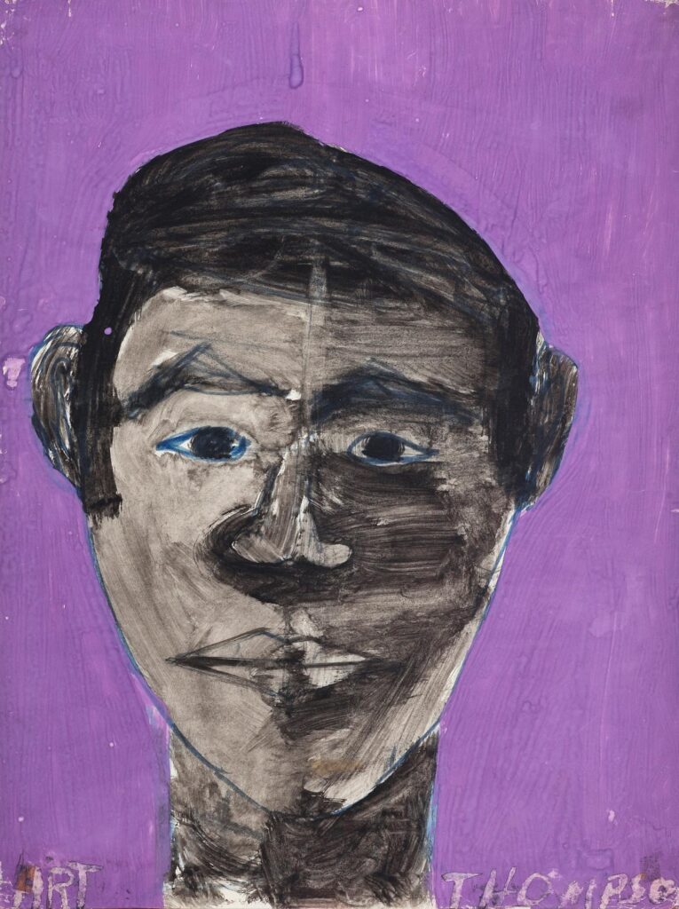 A mixed-media self-portrait presents a young face divided by light and shadow.