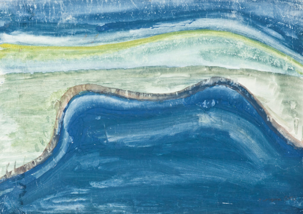 A painting of a beach, done in sinuous bands of blue and light green.