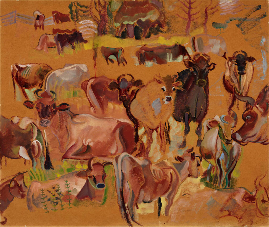 Painting of a brown field of cows, some of them laying down or standing, some looking at the artist and others looking away