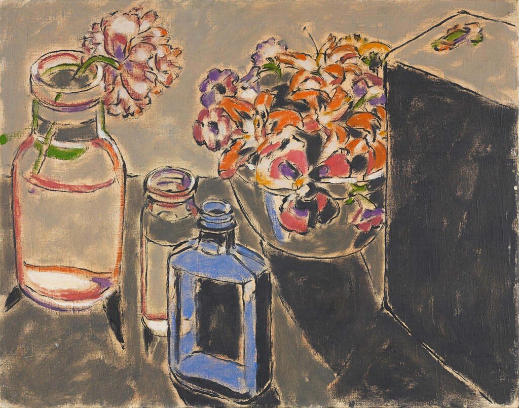 Dessin représentant une nature morte avec des bouteilles, un vase et une fleur, ainsi qu'un bol rempli de nombreuses fleurs.