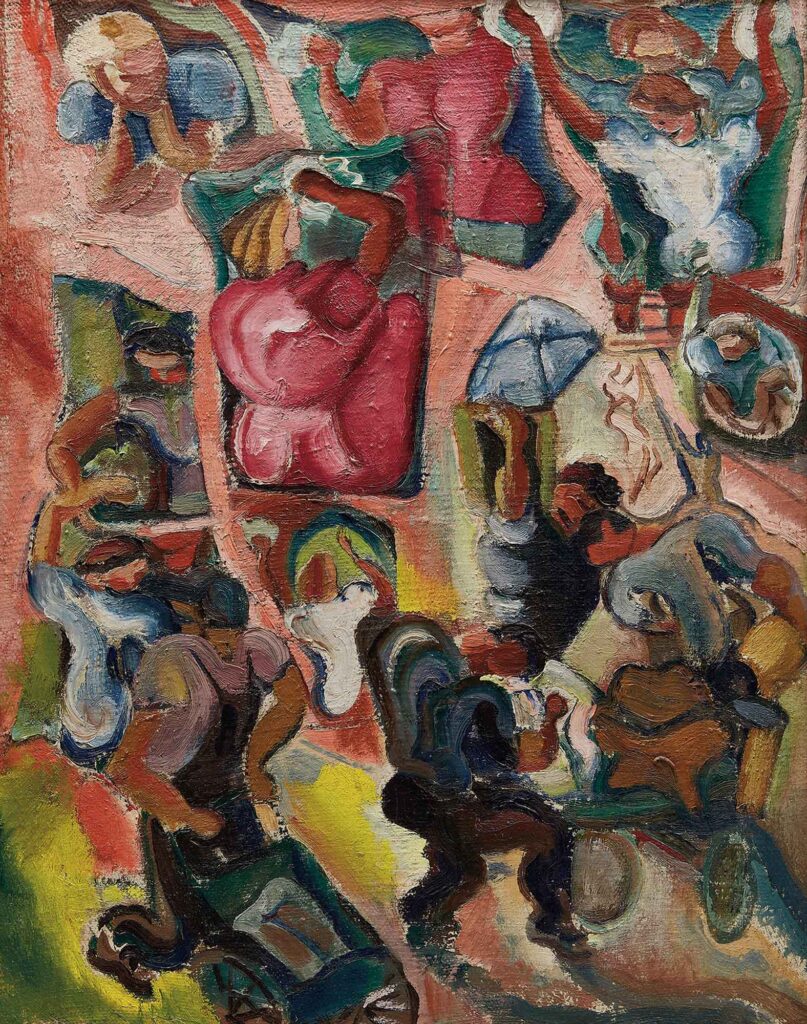 Peinture abstraite représentant une scène animée de New York, avec des personnes aux fenêtres d'un immeuble et d'autres marchant dans la rue