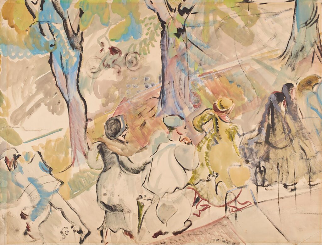 Tableau représentant des personnes marchant sur un trottoir le long de la rue Jarvis, bordée d'arbres