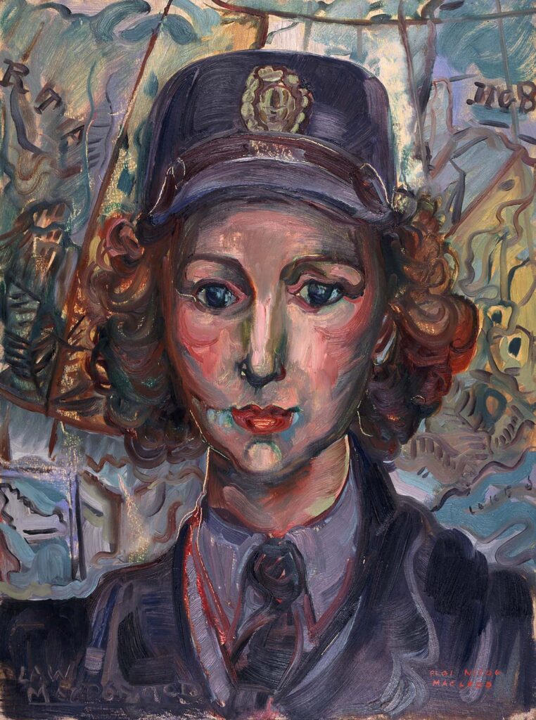 Tableau représentant une femme en uniforme militaire et coiffée d'un chapeau