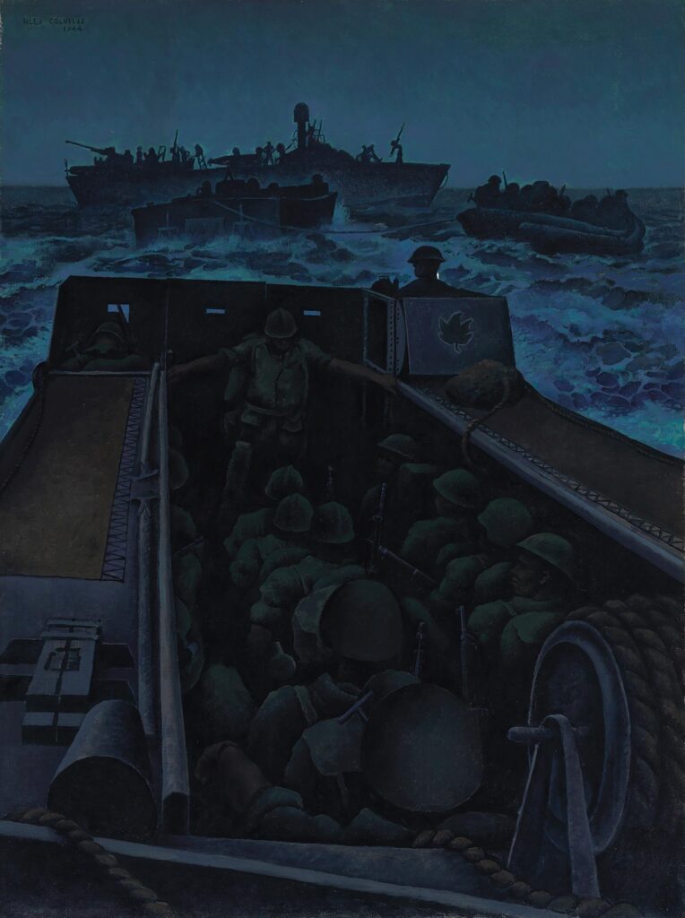Tableau représentant des soldats à bord d'un bateau sur l'eau, avec trois autres bateaux transportant des soldats en arrière-plan.