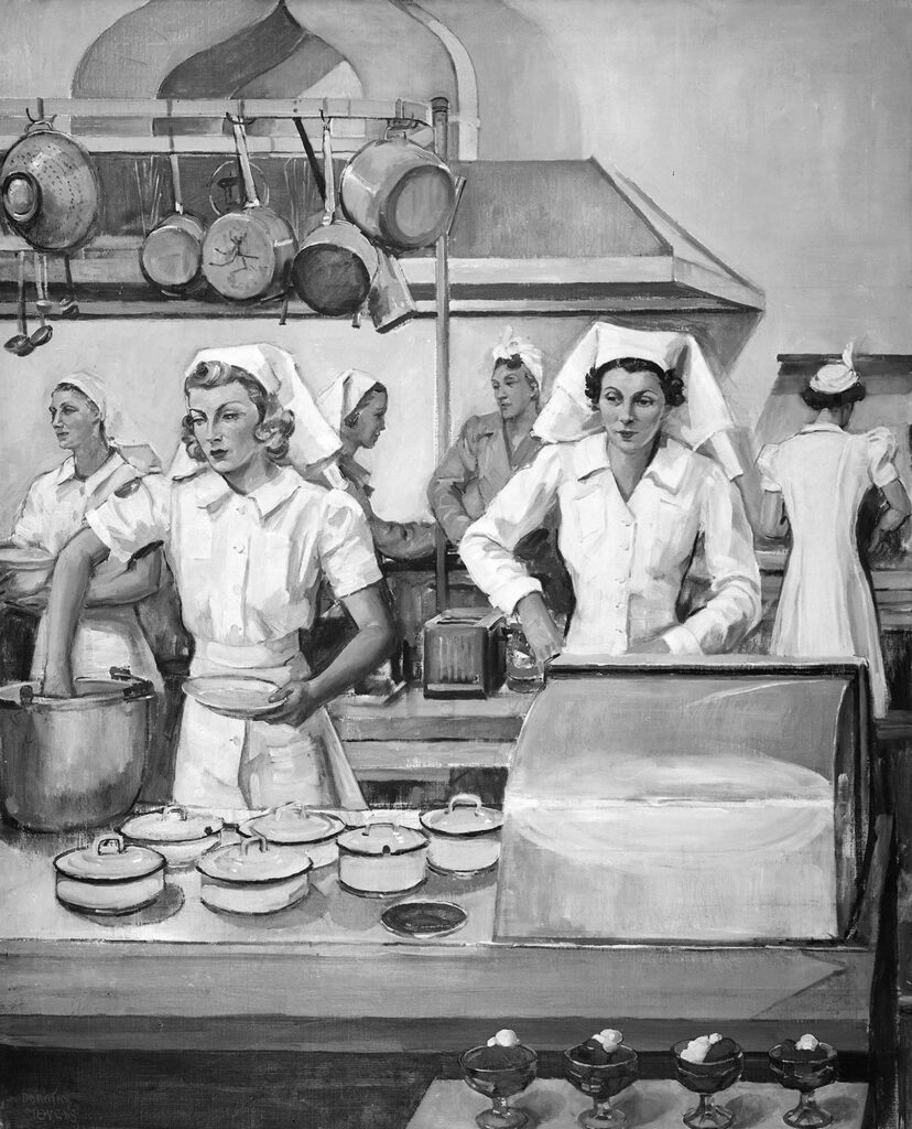 Illustration en noir et blanc représentant plusieurs femmes dans une cuisine