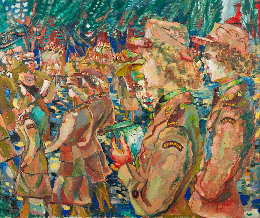 Tableau représentant des femmes en uniforme de l'armée canadienne, défilant dans la rue avec des instruments de musique, tandis que des passants les regardent en arrière-plan