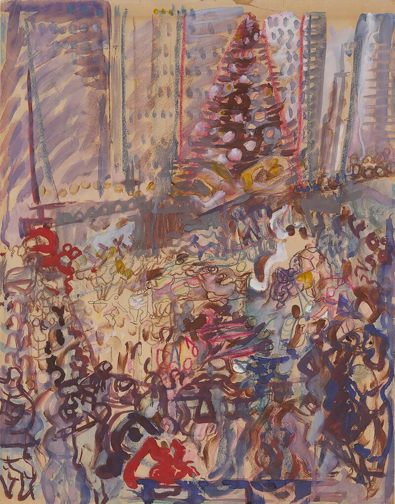 Abstract painting of the ice rink at Rockefeller Plaza in New York City, with skaters on the ice and a large Christmas tree in the background