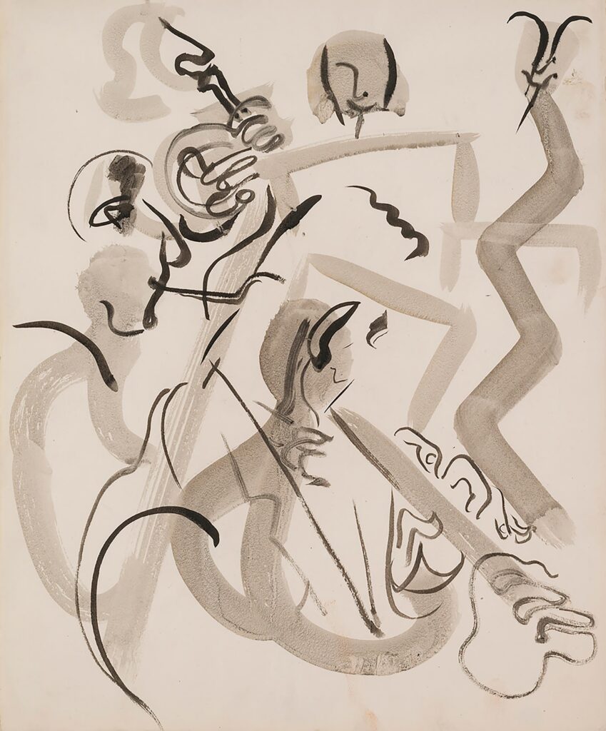 Illustration abstraite aux tons sobres représentant un orchestre jouant de divers instruments, avec au premier plan un homme jouant de la flûte
