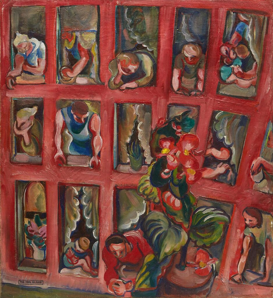Painting of many windows on a building occupied with people.