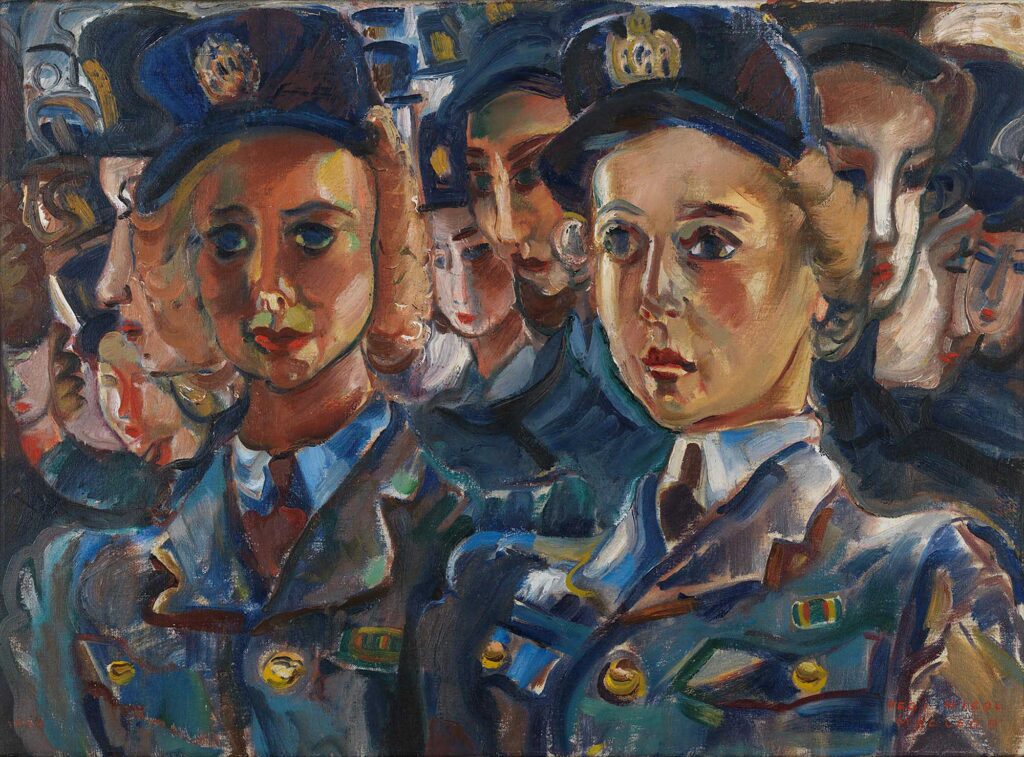 Tableau représentant des femmes en uniforme militaire et coiffées de chapeaux, avec d'autres femmes en uniforme à l'arrière-plan