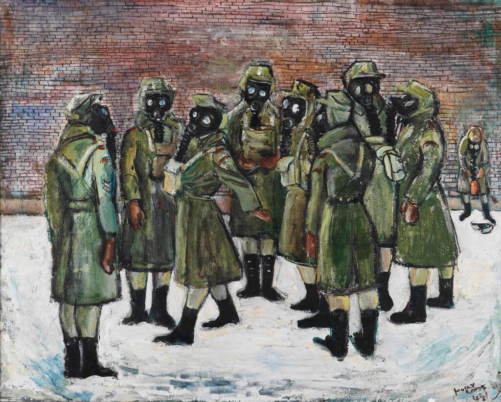 Painting of females standing together outside in gas masks.