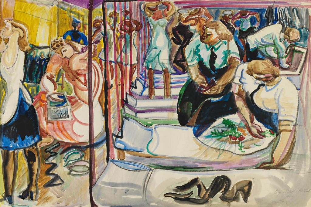 Tableau représentant des lits dans un dortoir de femmes, où l'on voit des femmes en train de s'habiller, de se coiffer et de broder du tissu, avec des chaussures non portées posées sur un lit au premier plan