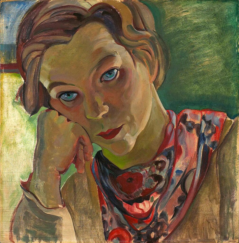 Painting of a woman with short hair, wearing a red and blue patterned scarf around her neck