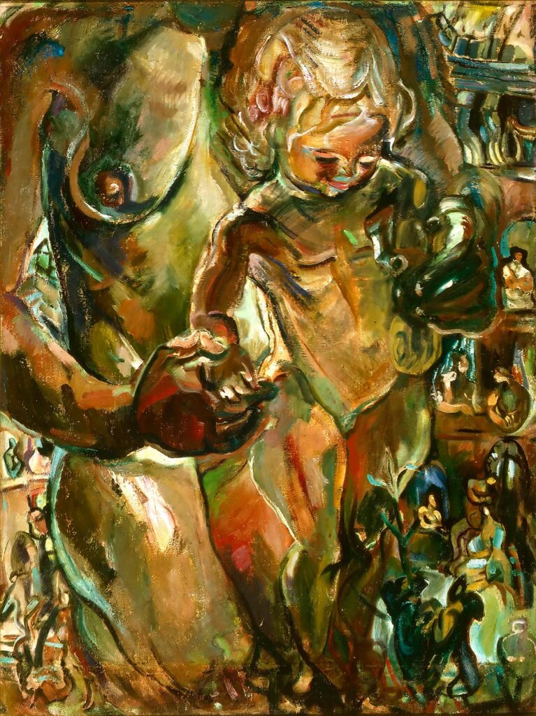 Tableau représentant une femme nue à genoux tenant dans ses bras une petite fille debout, avec en arrière-plan des immeubles d'habitation et des fenêtres où l'on aperçoit des personnes