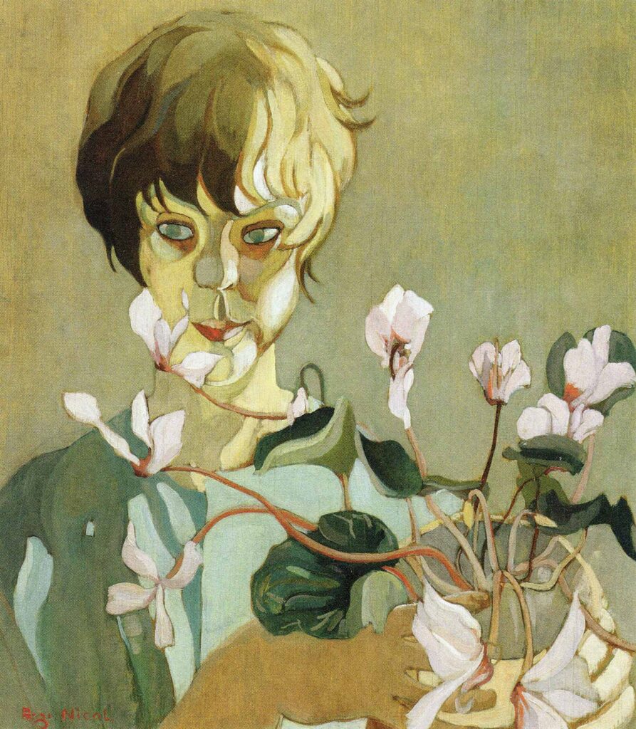 Tableau représentant une femme tenant un petit pot orné de longues fleurs