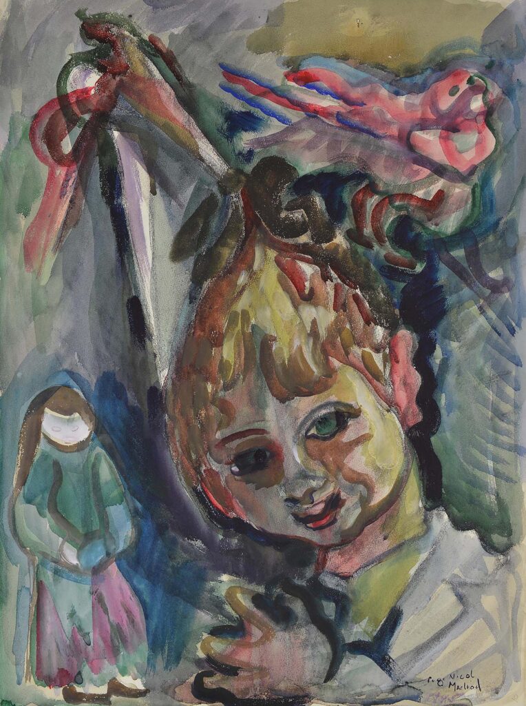 Tableau représentant une jeune fille regardant l'artiste lors d'une fête, avec un autre enfant à l'arrière-plan