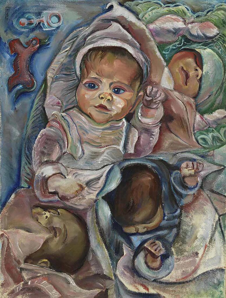 Tableau représentant quatre bébés emmaillotés