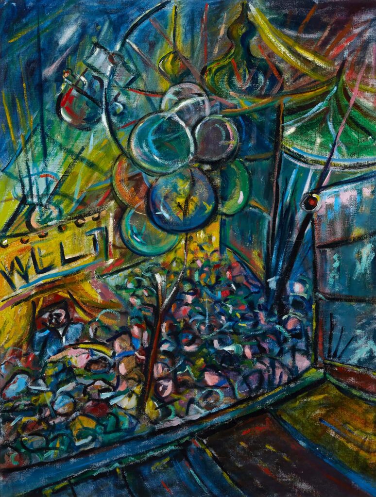 Peinture abstraite représentant une foule nombreuse lors d'une fête foraine, avec des ballons flottant dans les airs et une grande roue en arrière-plan