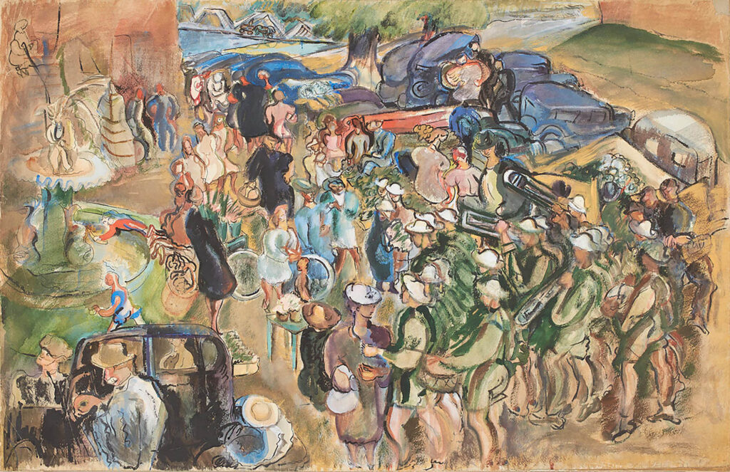 Tableau représentant un groupe de musiciens jouant au milieu d'une foule près d'une grande fontaine, avec des voitures garées au premier plan et à l'arrière-plan