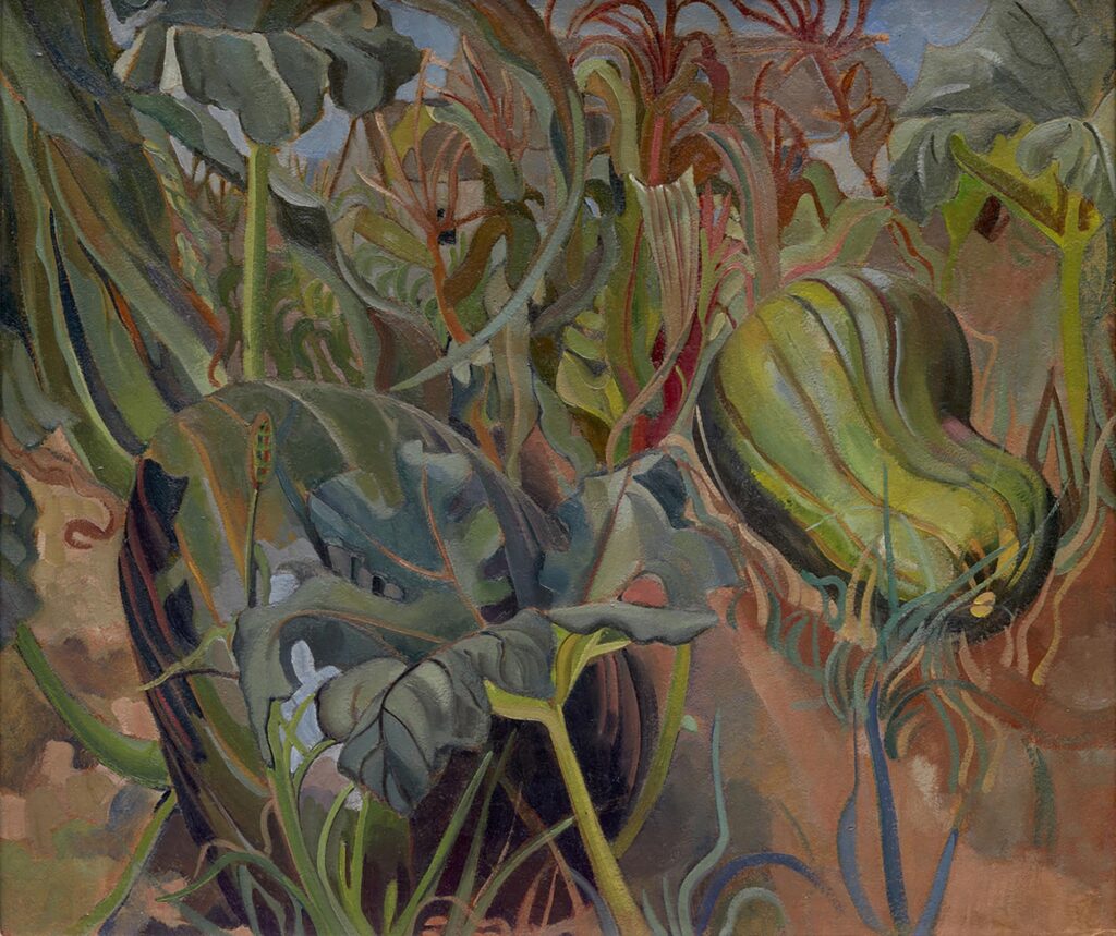 Peinture représentant des plantes et des légumes dans un jardin, avec des feuilles vertes et rouges