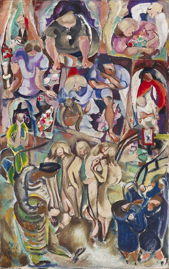 Tableau représentant une scène urbaine animée, avec des passants qui marchent et se rassemblent dans la rue, tandis que des habitants observent la scène depuis les fenêtres de leurs appartements situés au-dessus de la rue