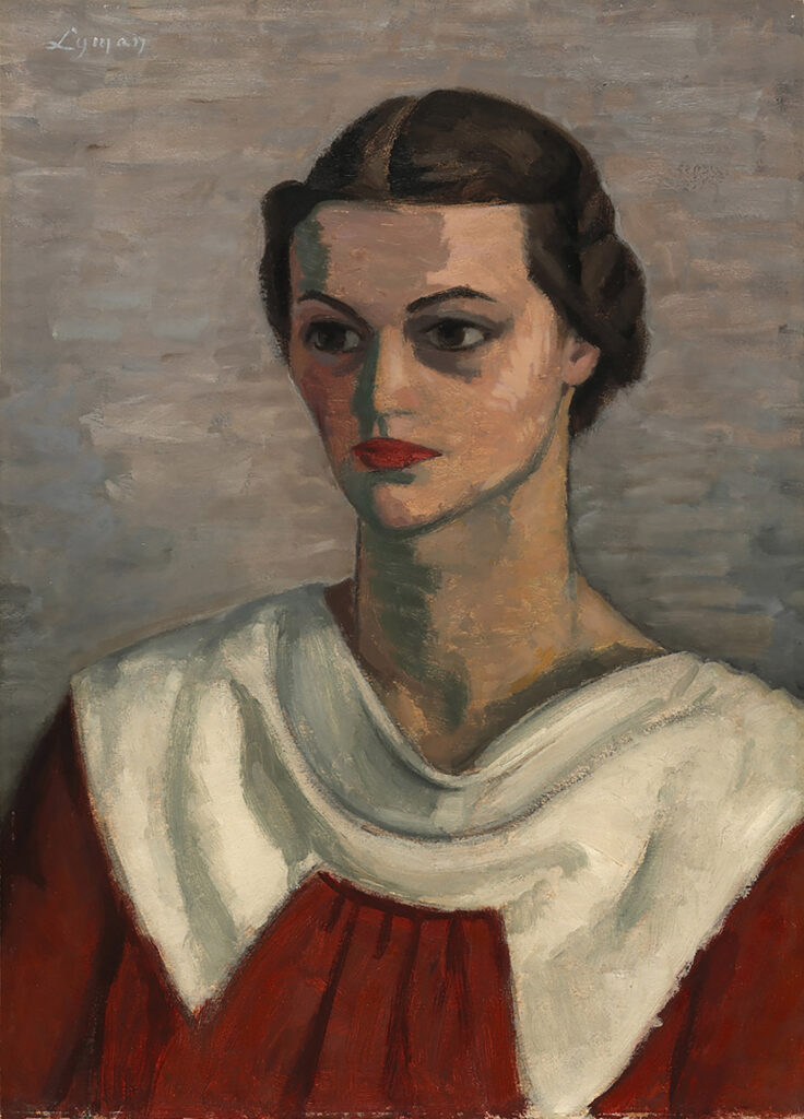 A painting of a women with a white collar and red dress with her hair braided and pinned back.
