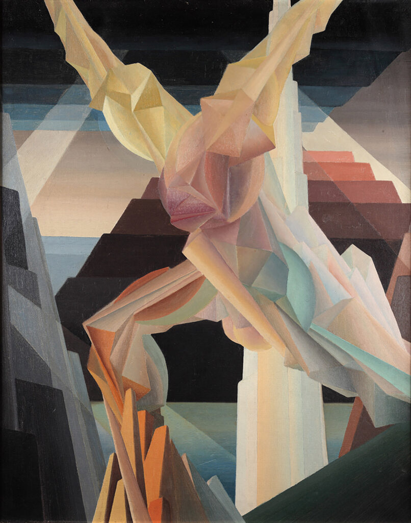 An abstract painting depicts a fractured, geometric figure with raised arms emerging dynamically amid jagged, architectural, and stepped structures under angular beams of light.