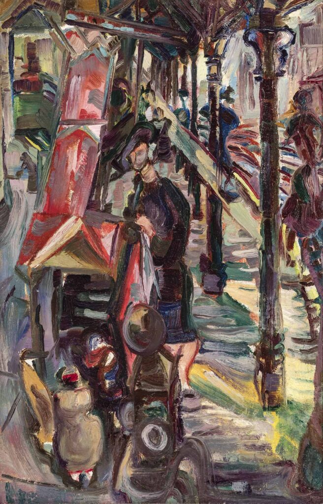 Tableau représentant des piétons marchant sous les voies surélevées de la ligne L du métro de New York