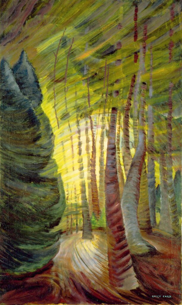 Tableau représentant les rayons du soleil filtrant à travers une forêt de grands arbres