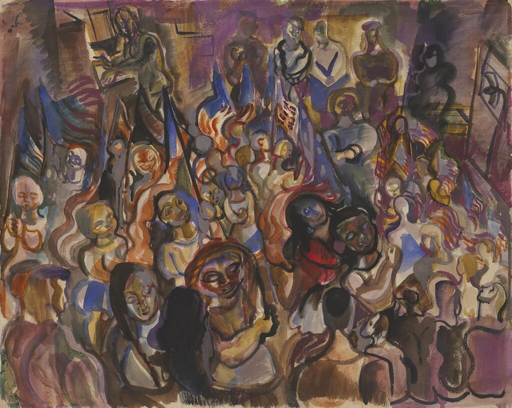 Tableau représentant une foule de personnes marchant dans la rue, brandissant de nombreux drapeaux américains